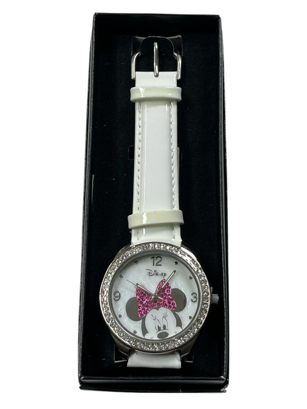 Disney Minnie Mouse Watch • Pink Bow Crystal Bezel • White Strap • New in Box